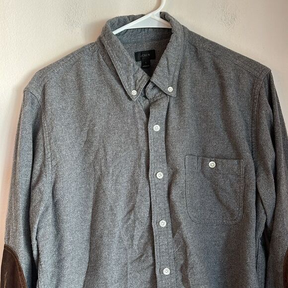J. Crew Gray wool flannel Button-Down Shirt Brown leather Elbow Patches men’s LG - Picture 2 of 9